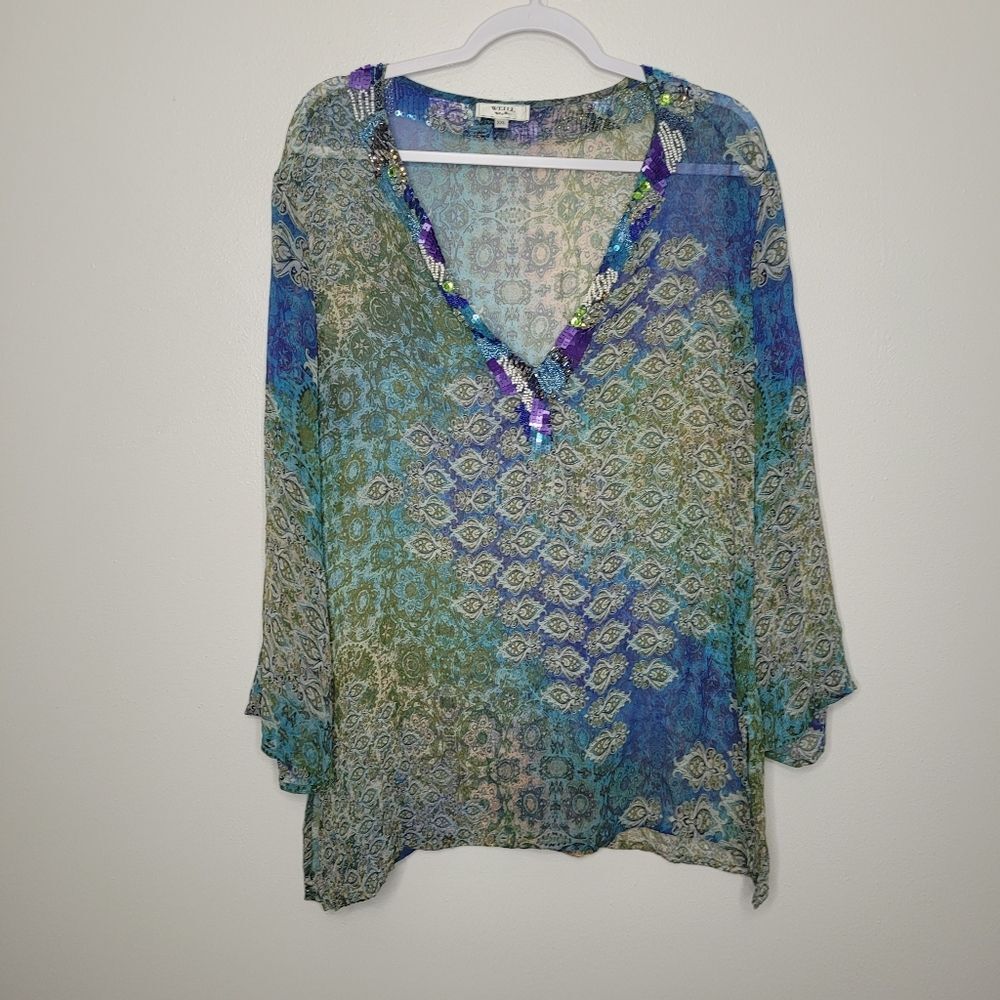 Weill blue green silk beaded semi-sheer Vacation resort Boho top size xxl